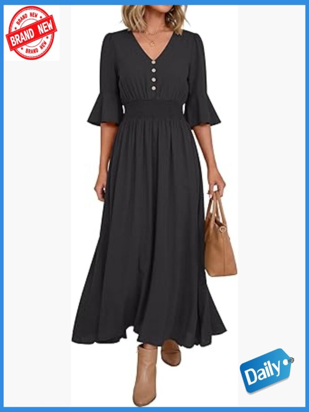 Maxi Dress Boho Ruffle Sleeve V Neck Elastic Waist Flowy Wedding Guest Long